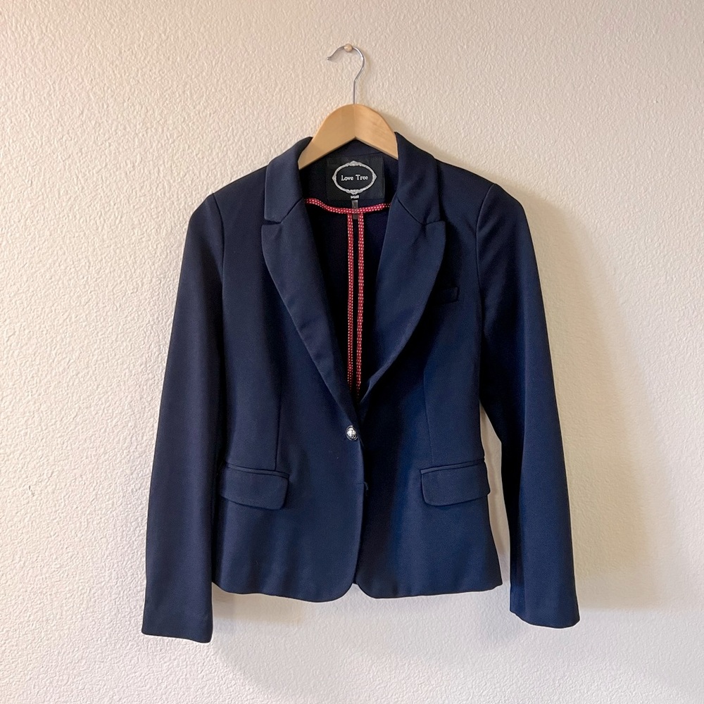 Navy Blazer with red and white striped elbow pads, size S